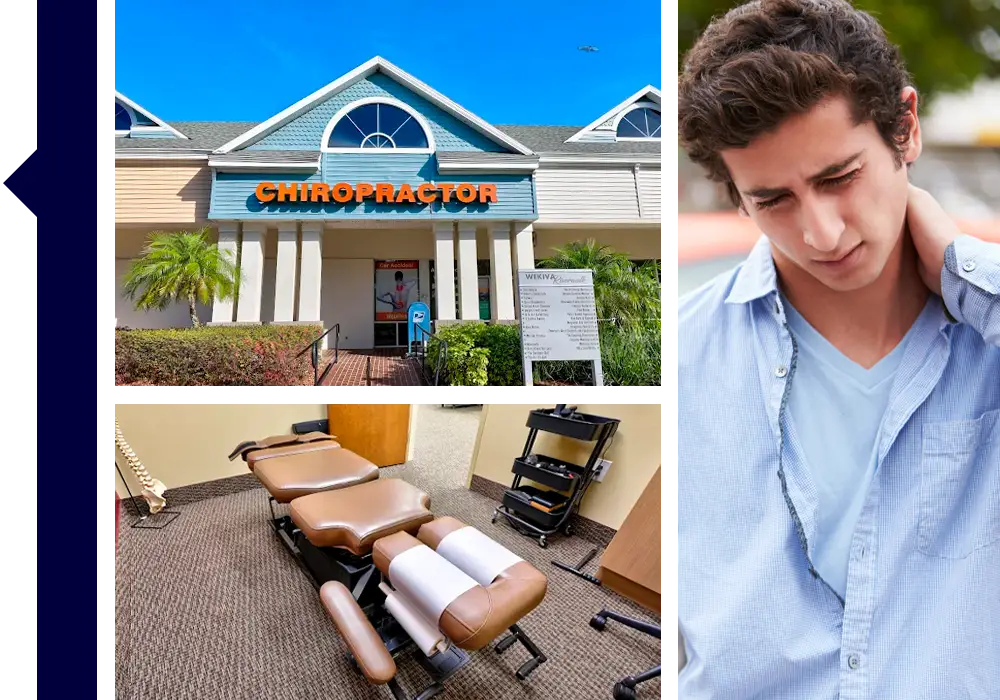 Chiropractic Apopka FL HP Grid collage featuring the exterior of a chiropractic clinic, an interior treatment room with an adjustment table, and a person holding their neck to indicate discomfort.
