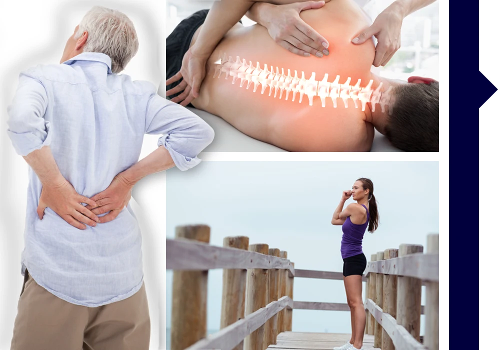 Chiropractic Apopka FL HP Row grid A collage showing hands performing spinal massage with an illustrated spine overlay, a person stretching outdoors on a wooden pier, and an older adult holding their lower back, suggesting pain relief and active living.